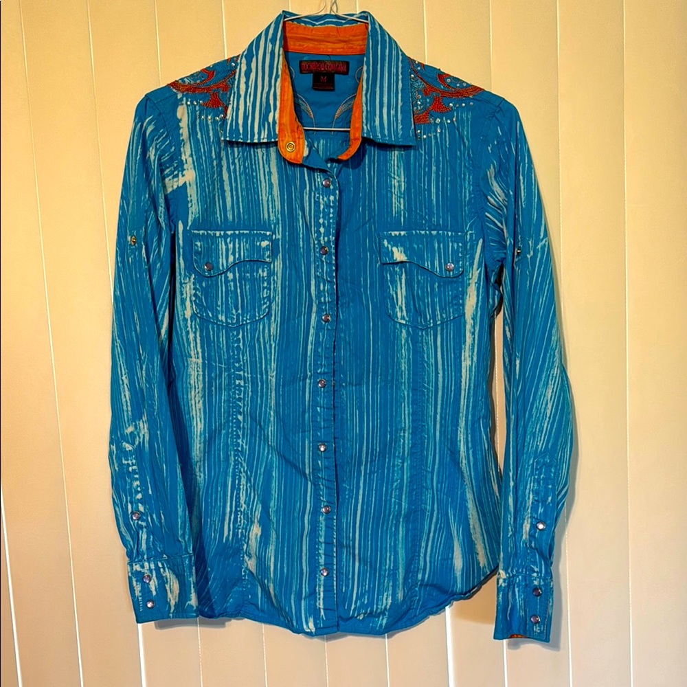 Rock & Roll Cowgirl Blue and Orange Button Down Shirt